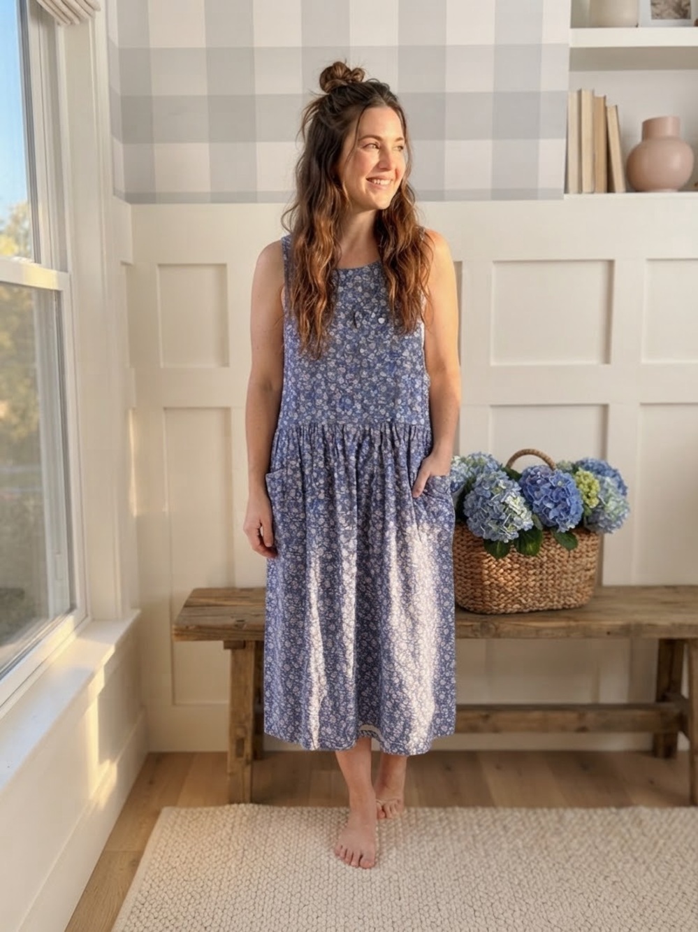 Erika Vintage Cotton Blue Lavender Floral Sleeveless Midi Dress Medium